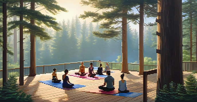 A peaceful outdoor yoga class at The Wellness Retreat, surrounded by tall pine trees and soft sunlight.