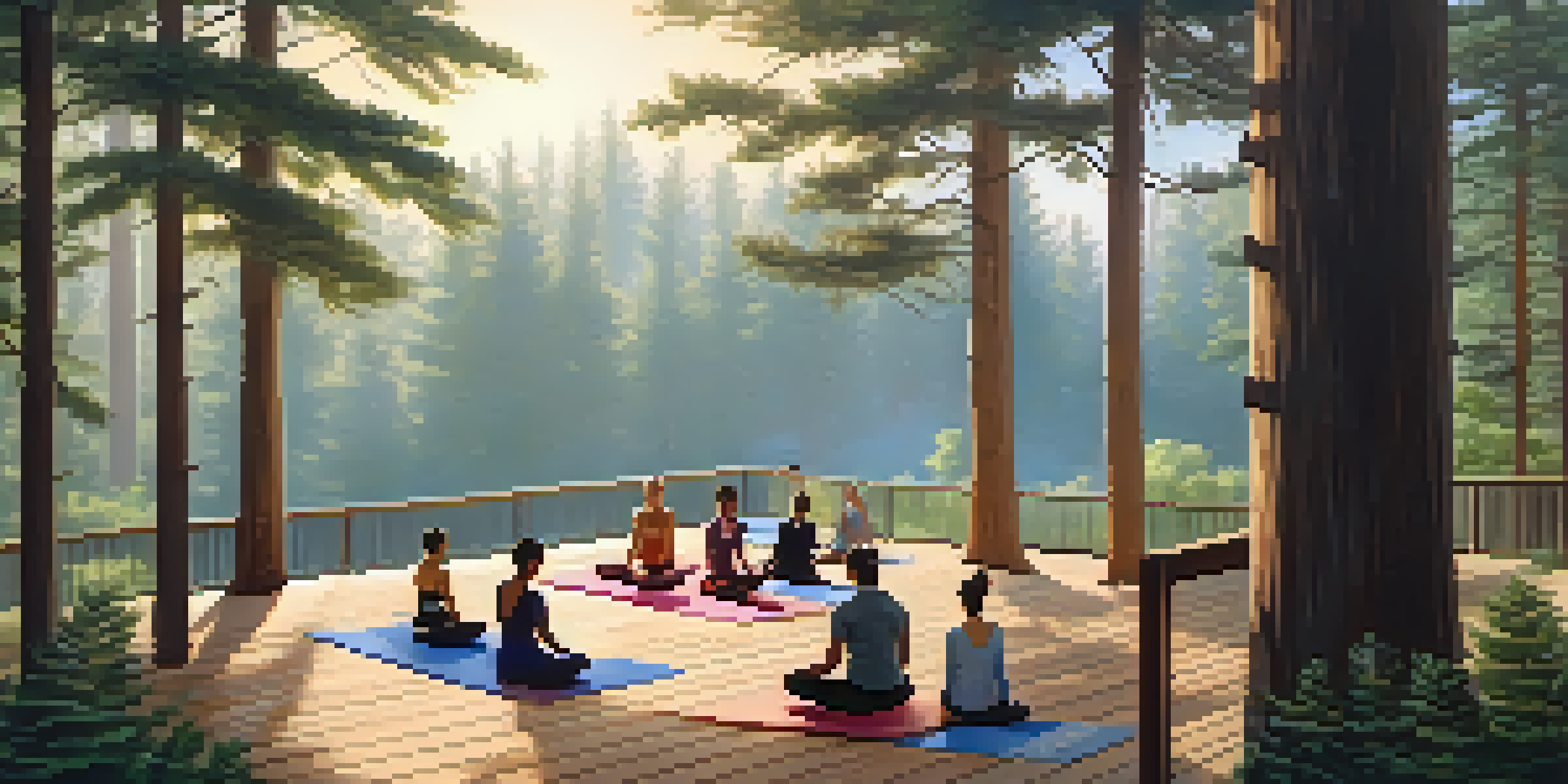 A peaceful outdoor yoga class at The Wellness Retreat, surrounded by tall pine trees and soft sunlight.