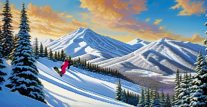 A snowy landscape at Bear Mountain with snowboarders riding in a vibrant snowboarding park surrounded by tall evergreen trees and a clear blue sky.