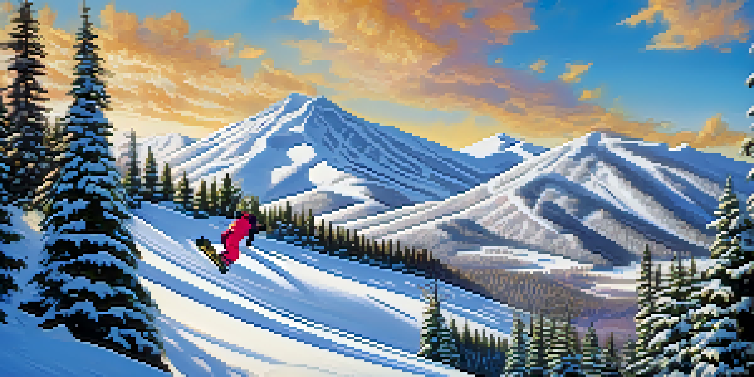 A snowy landscape at Bear Mountain with snowboarders riding in a vibrant snowboarding park surrounded by tall evergreen trees and a clear blue sky.