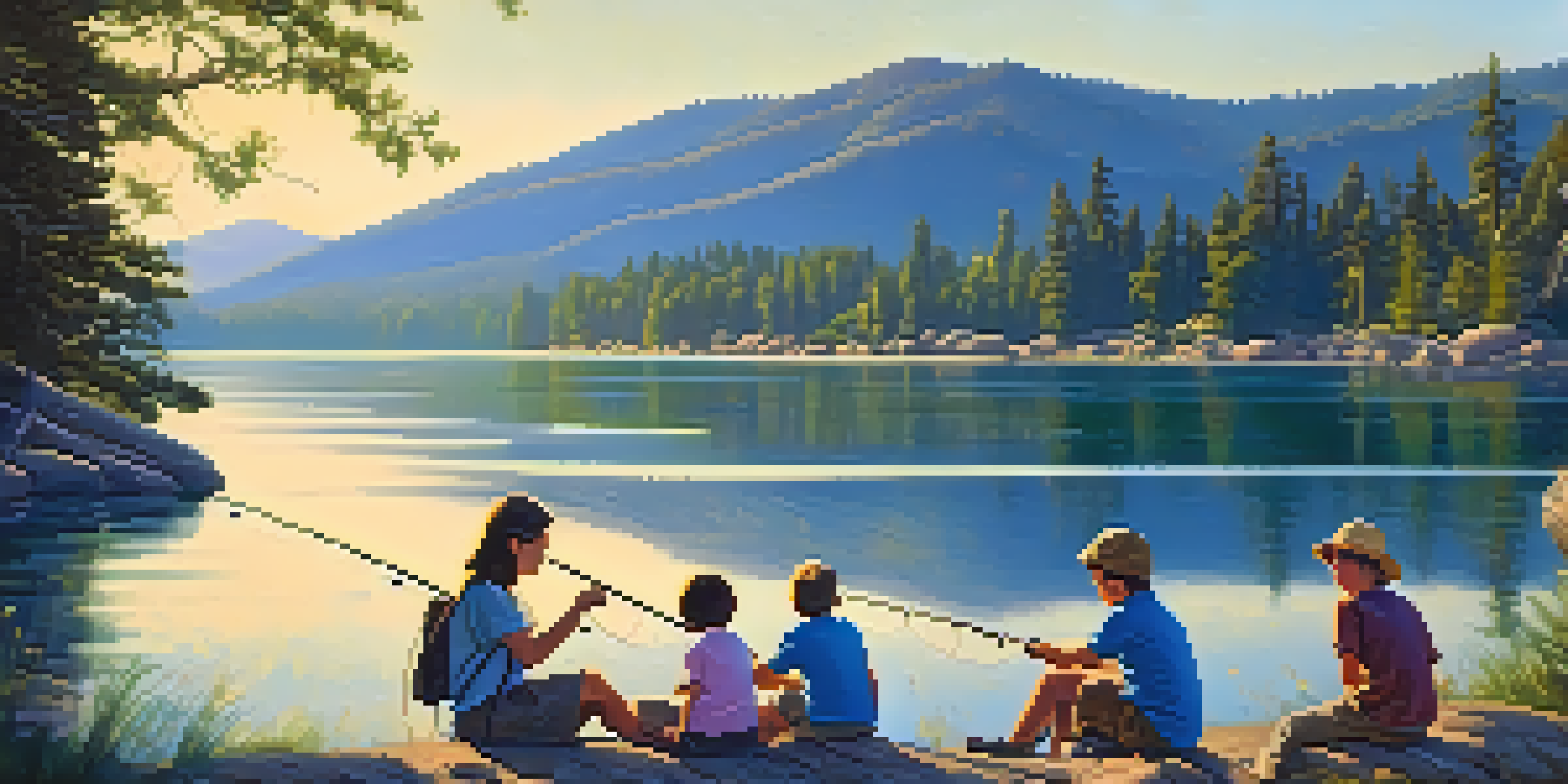 A family of four enjoying fishing at a beautiful lake with trees and mountains in the background.