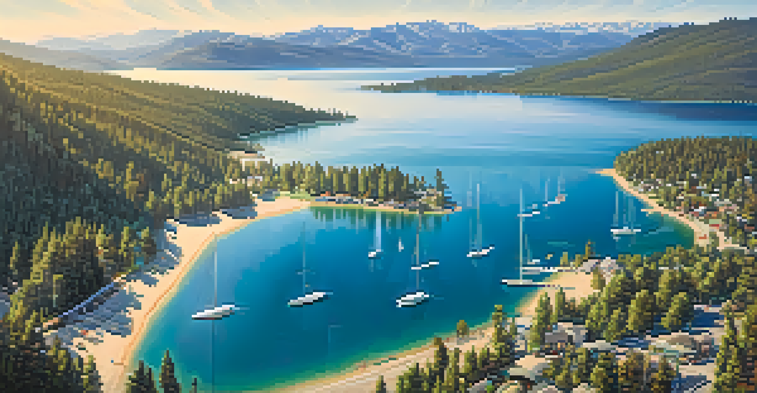 An aerial view of Big Bear Lake in summer, showing paddleboarders and families enjoying the shore.