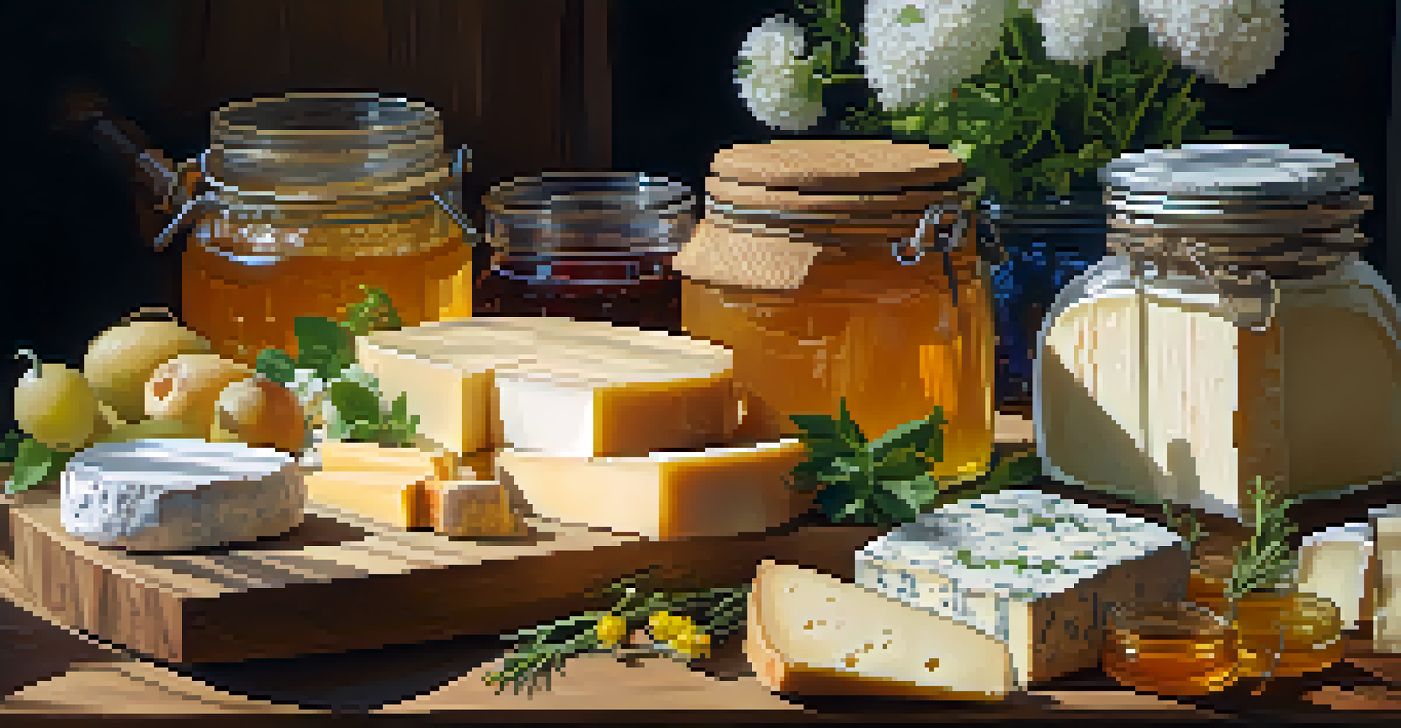 A close-up of a vendor's table displaying artisanal cheeses and homemade jams in jars.