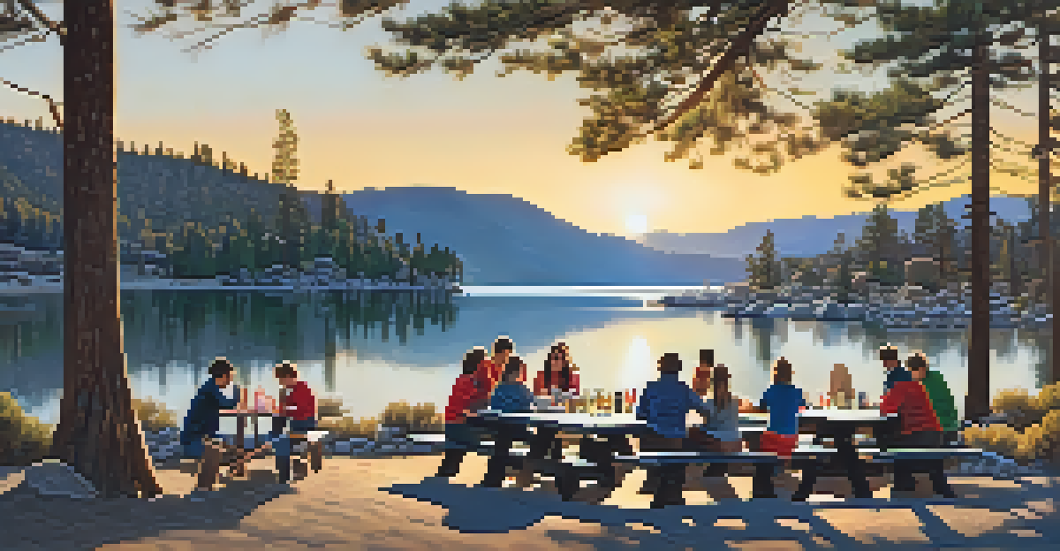 A scenic sunset view over Boulder Bay Park with families picnicking and colorful reflections on the lake.