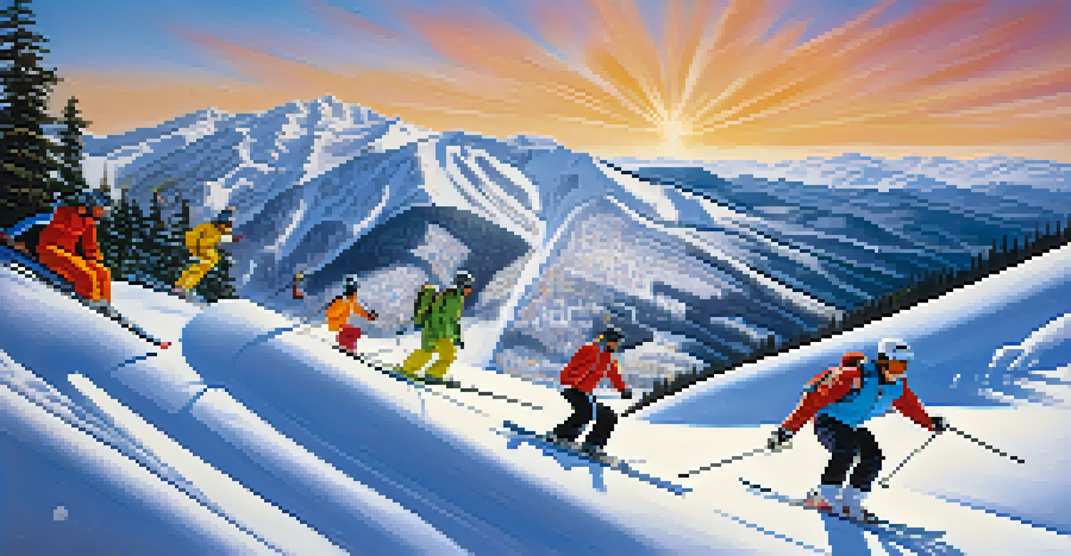A group of skiers and snowboarders enjoying the slopes at Bear Mountain, with colorful gear against a snowy backdrop.