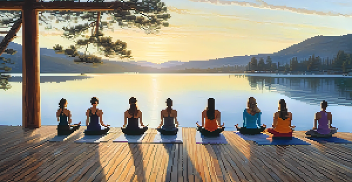 A peaceful yoga class at sunrise on a deck by Big Bear Lake, with mountains in the background and participants practicing yoga poses.