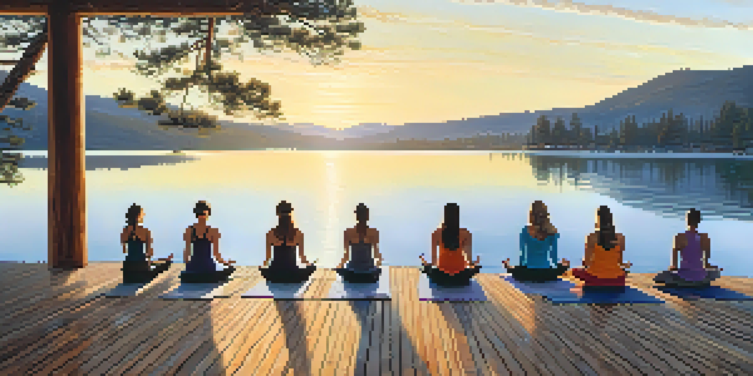 A peaceful yoga class at sunrise on a deck by Big Bear Lake, with mountains in the background and participants practicing yoga poses.