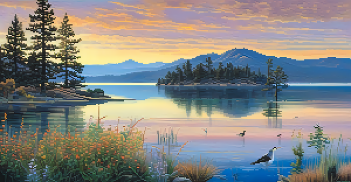 A tranquil scene of Big Bear Lake at sunrise with colorful reflections, native plants, and birds.