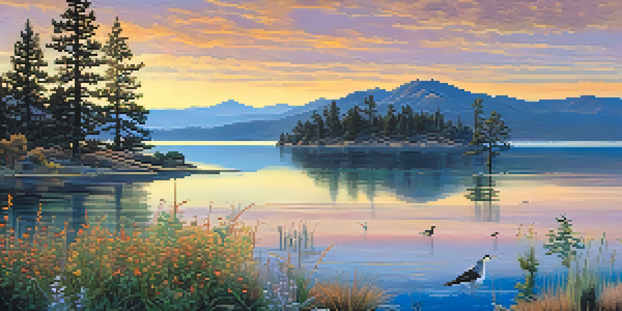 A tranquil scene of Big Bear Lake at sunrise with colorful reflections, native plants, and birds.
