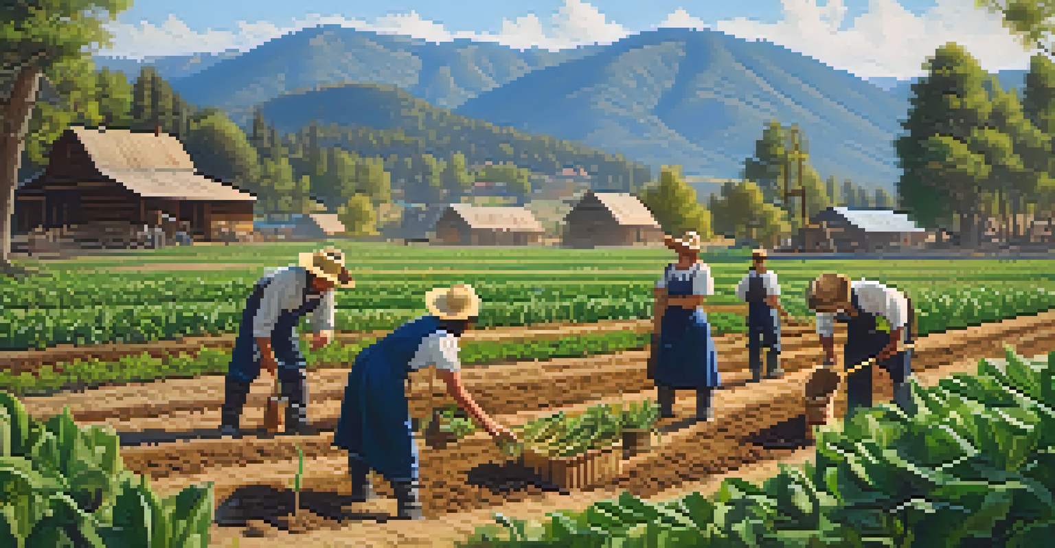 Early settlers working in a field in Big Bear, planting crops with mountains in the background.