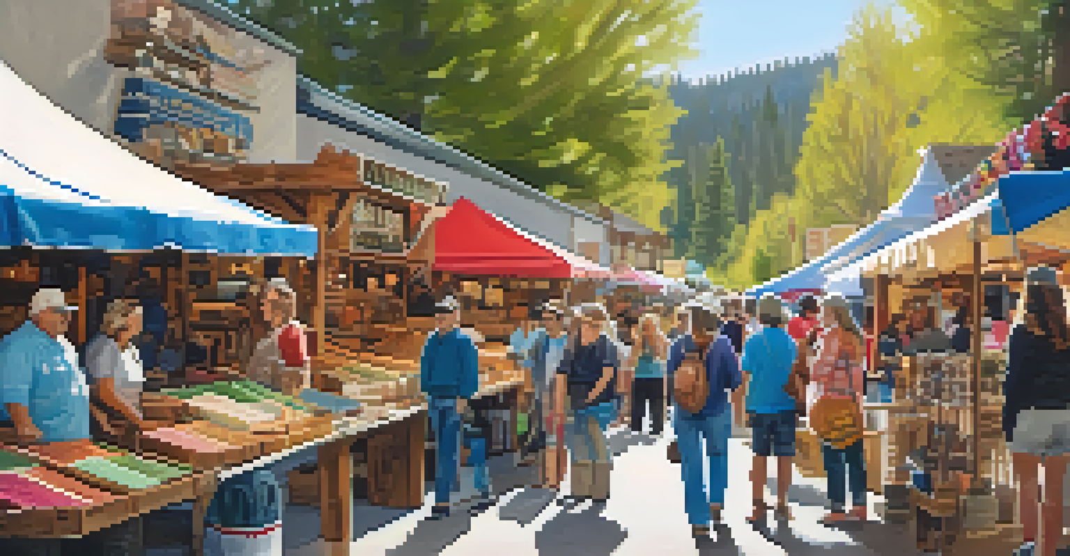 A lively artisanal market in Big Bear, filled with visitors and stalls showcasing handmade crafts and goods.