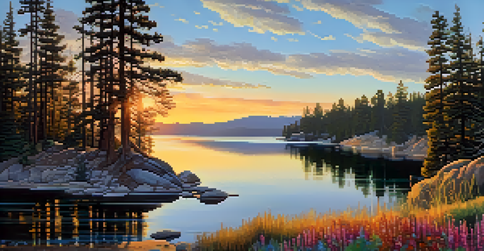 A scenic view of Big Bear Lake at sunrise, with shimmering water and vibrant wildflowers in the foreground.