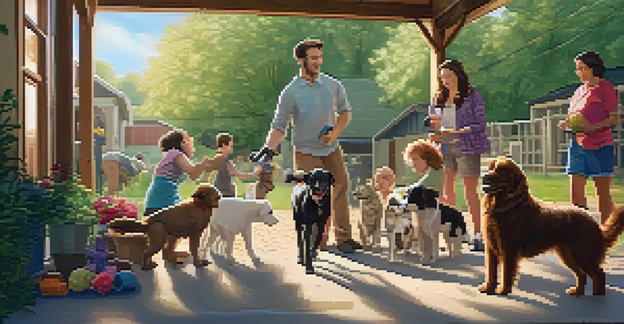 A family spends time volunteering at an animal shelter, interacting with dogs and cats under sunlight.