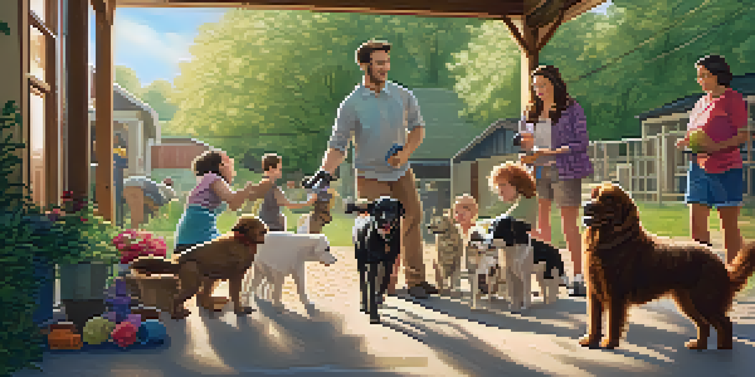 A family spends time volunteering at an animal shelter, interacting with dogs and cats under sunlight.