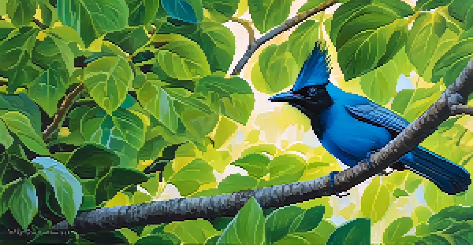 A close-up of a Stellar's Jay bird on a branch with bright blue feathers and green leaves in the background.