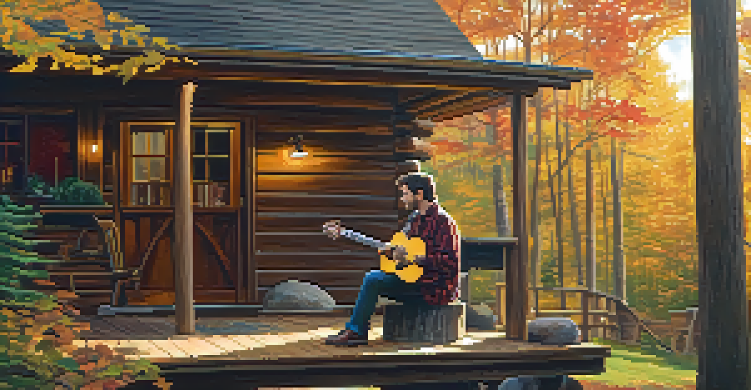 A musician playing guitar on a cabin porch surrounded by autumn trees.