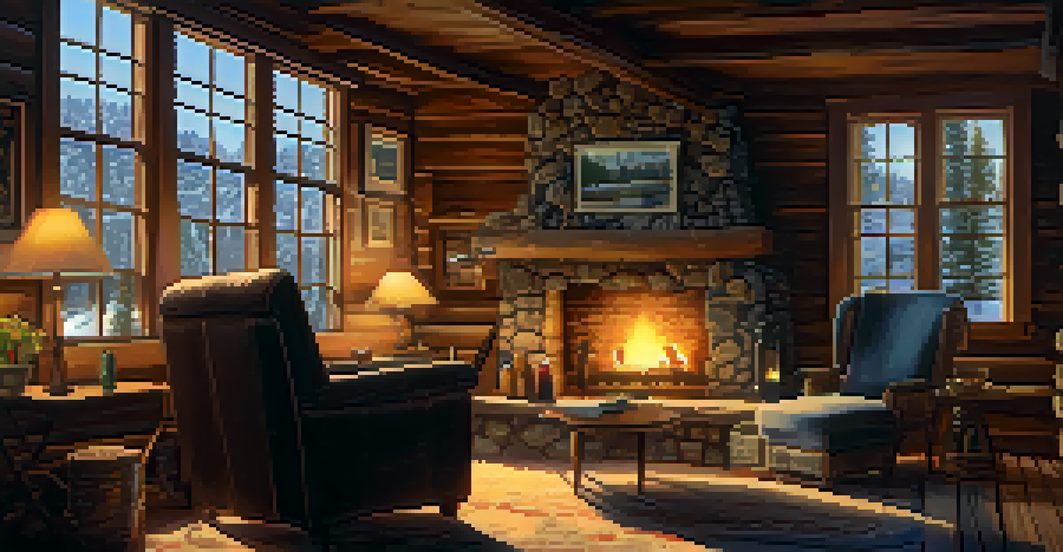 Interior of a cozy cabin in Big Bear with a writer in an armchair reading a book by the fireplace, sunlight streaming through the window, highlighting rustic wooden beams.