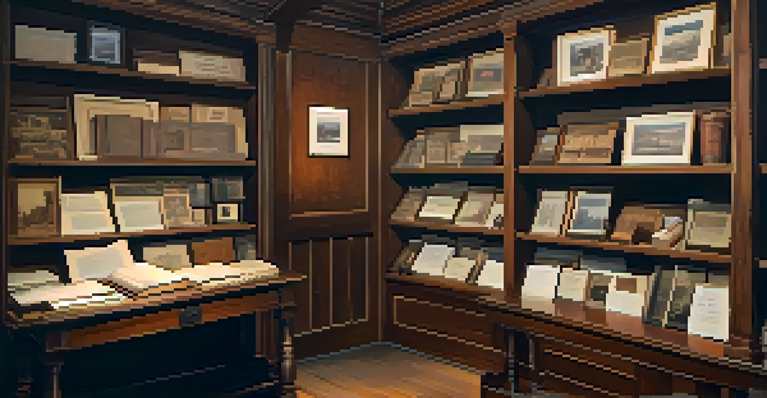 A cozy archive room filled with shelves of historical artifacts and documents related to Big Bear, with warm lighting and an open book on a table.