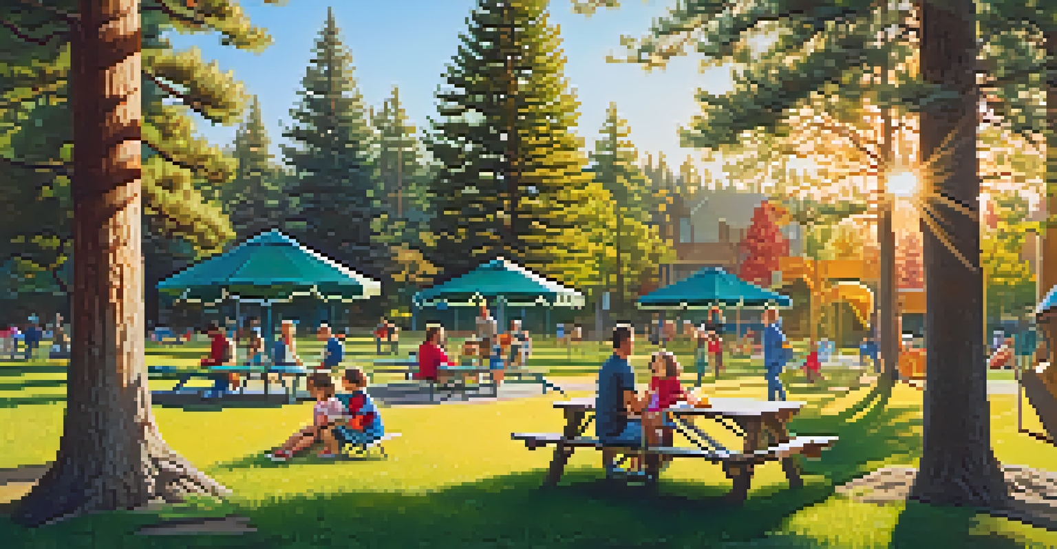 Families enjoying a picnic at Fawnskin Park, with children playing on a playground and a sunny, green environment.