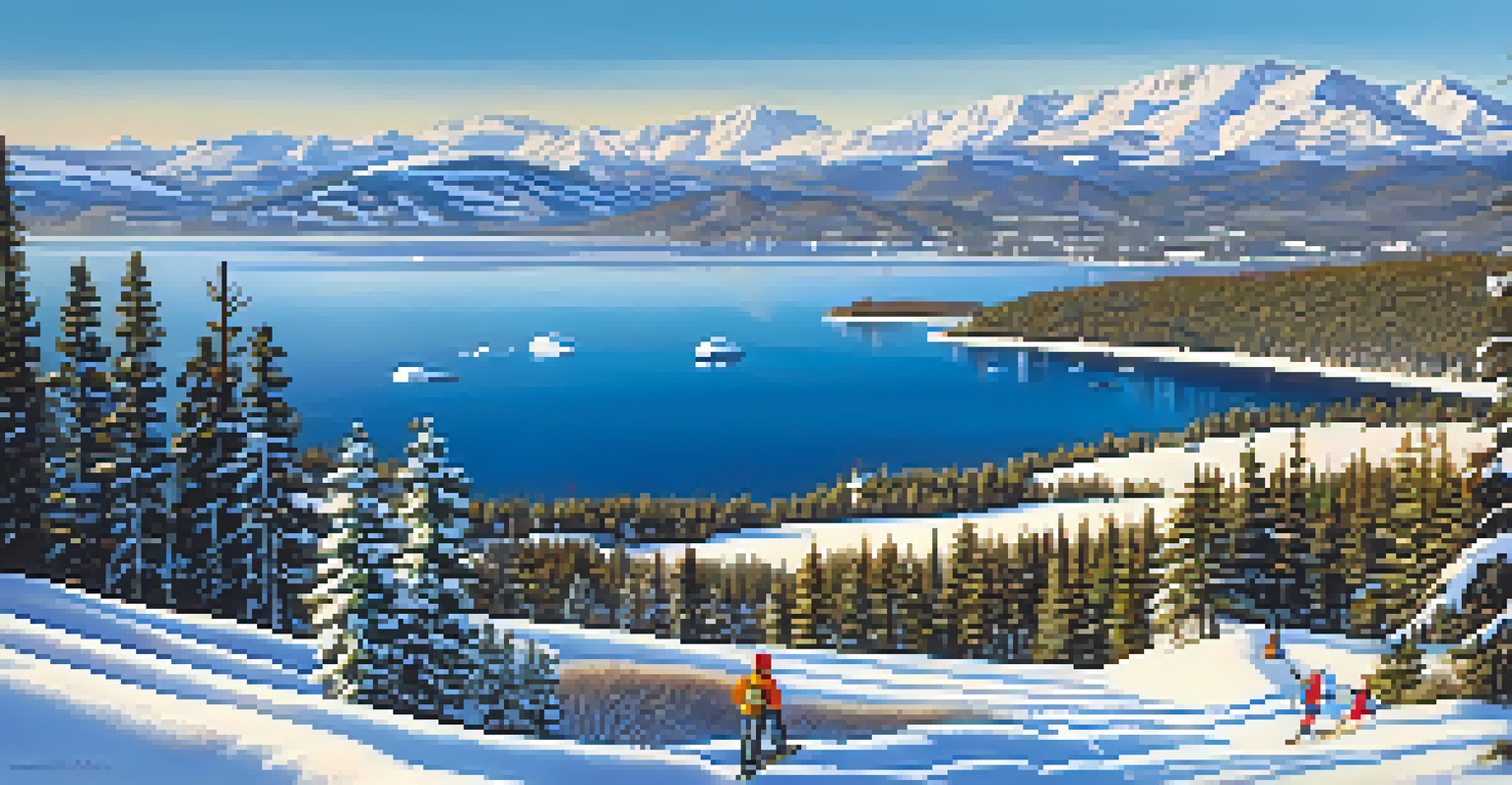 A scenic winter view of Big Bear Lake with snowshoe trails and children playing in the snow.