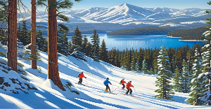 A winter scene at Big Bear Lake with novice skiers on a gentle slope, surrounded by snow-covered pine trees and a clear sky.