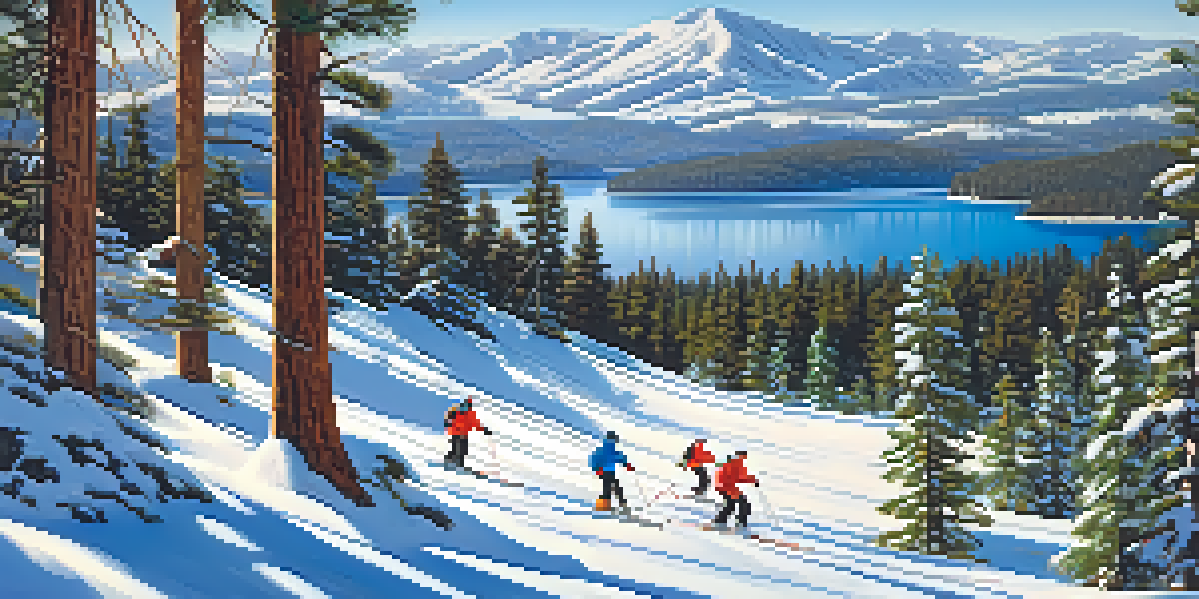 A winter scene at Big Bear Lake with novice skiers on a gentle slope, surrounded by snow-covered pine trees and a clear sky.