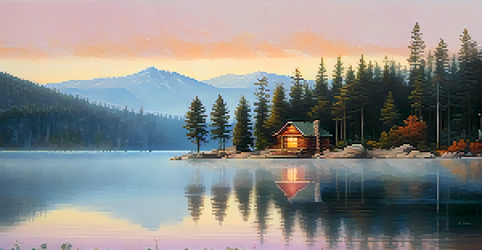 A peaceful lakeside scene in Big Bear at sunrise, featuring mist over the water and tall pine trees surrounding a cozy cabin.
