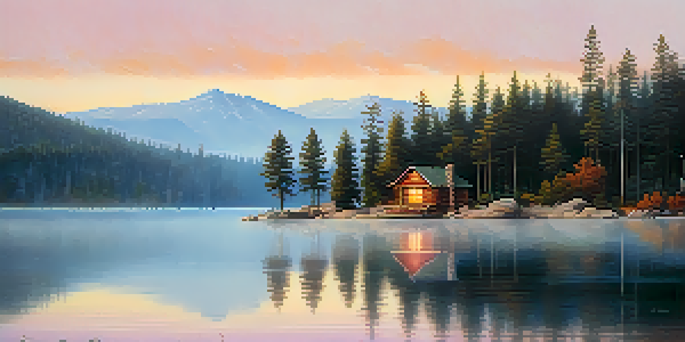 A peaceful lakeside scene in Big Bear at sunrise, featuring mist over the water and tall pine trees surrounding a cozy cabin.