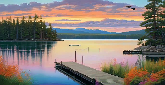 A picturesque sunset over Big Bear Lake, featuring a wooden dock and colorful reflections on the water.