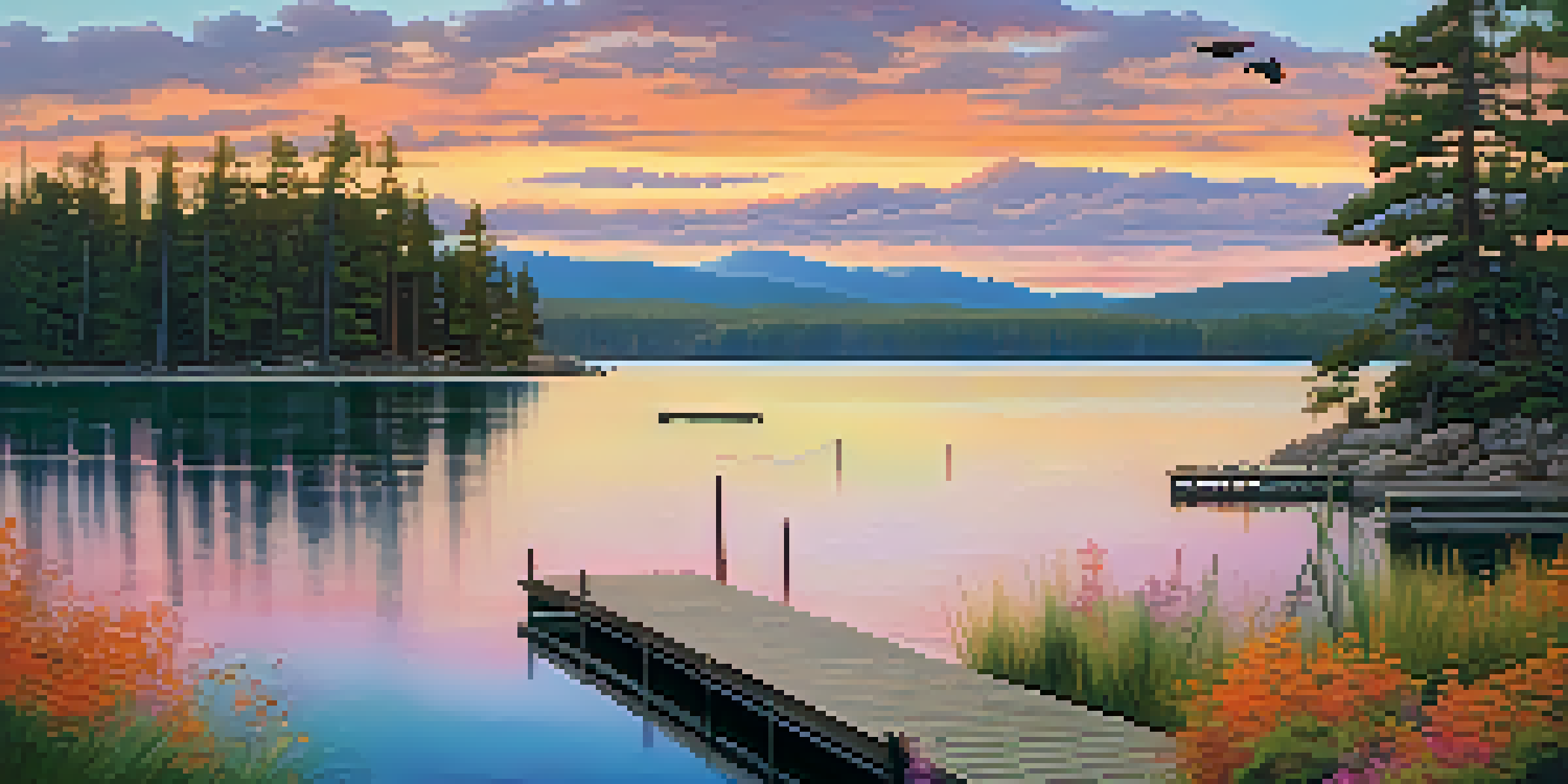 A picturesque sunset over Big Bear Lake, featuring a wooden dock and colorful reflections on the water.