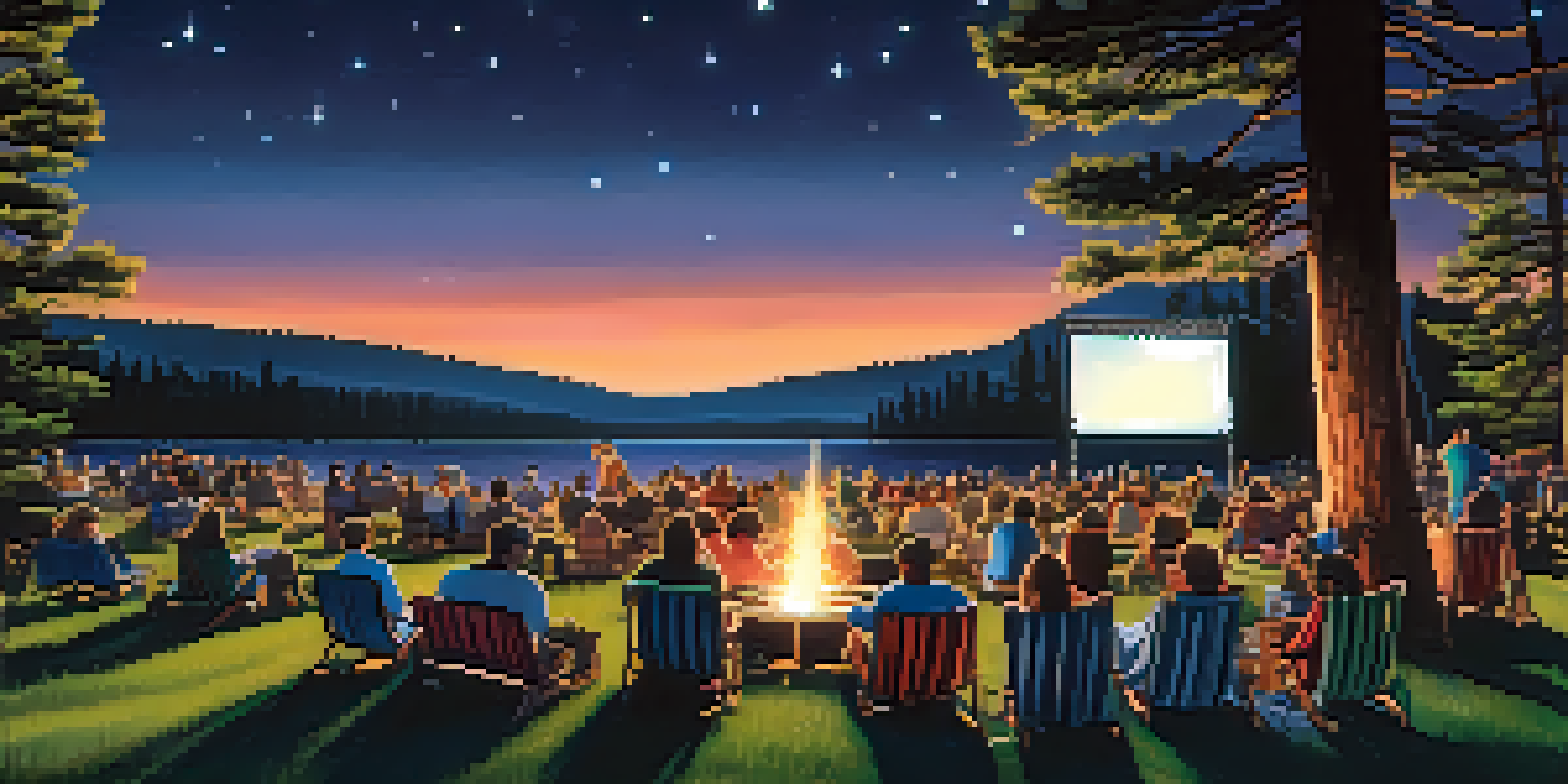 An outdoor film festival at Big Bear Lake with attendees watching a movie under the stars, surrounded by trees and soft lights.