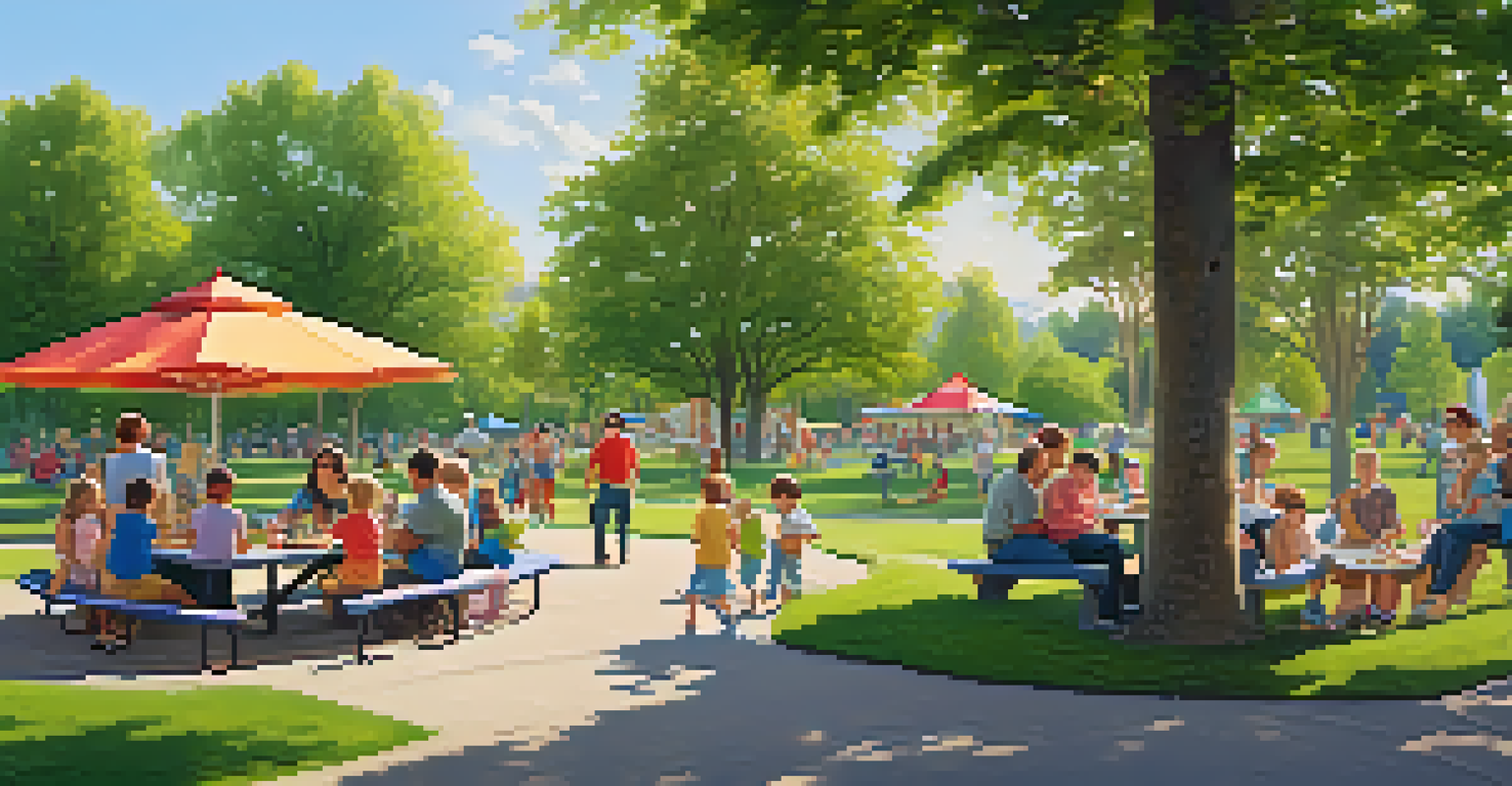Families enjoying a picnic and playing at Rotary Park, with a playground in the background.