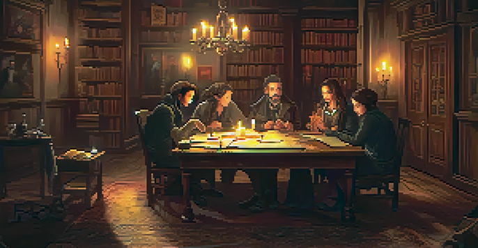 A group of friends solving puzzles in a dimly lit haunted mansion escape room, surrounded by vintage furniture and flickering candles.