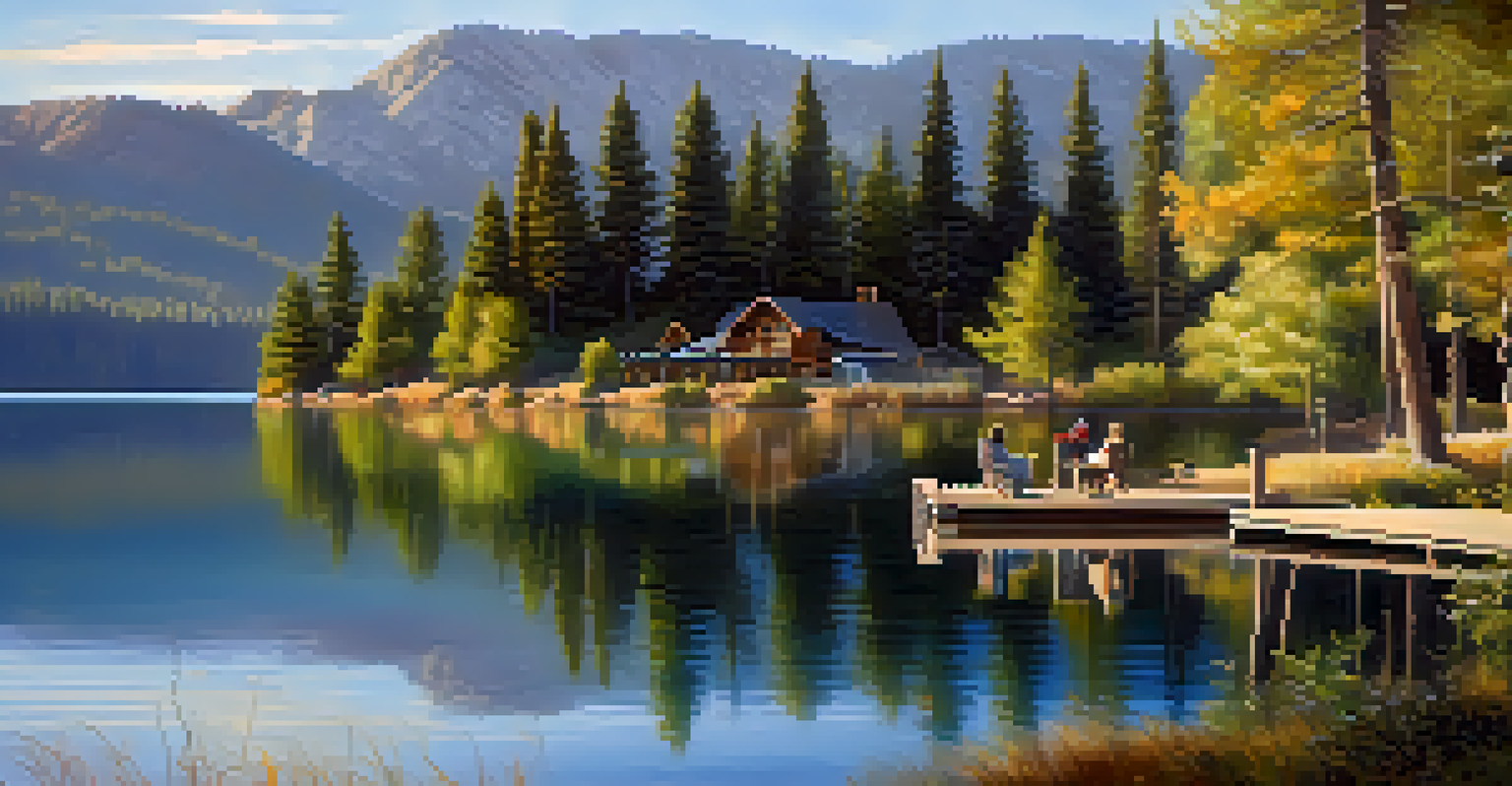 A peaceful morning scene at Fawnskin, with a lake and a dock, featuring a couple enjoying coffee with nature around them.