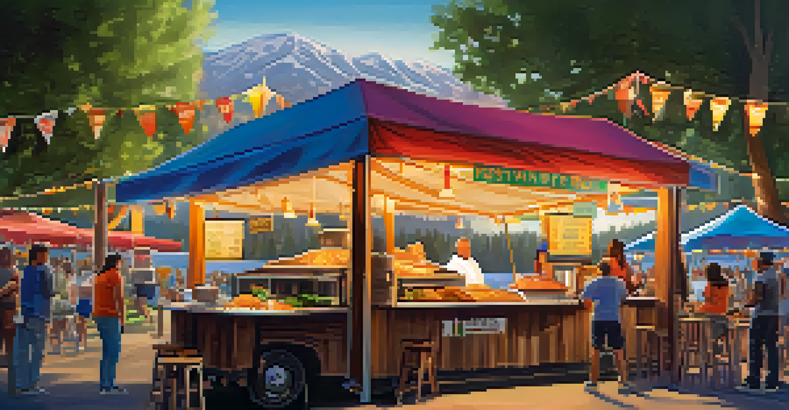 A colorful food vendor stall at a music festival, with a chef serving gourmet food to excited festival-goers.