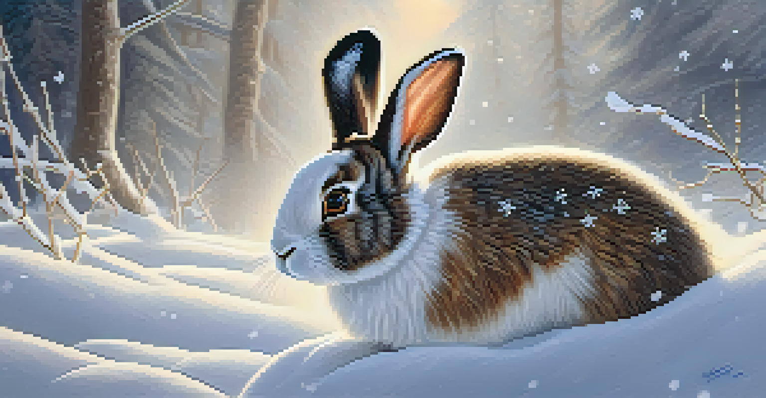 A close-up of a snowshoe rabbit in the snow, showcasing its white fur and the gentle snowfall around it.