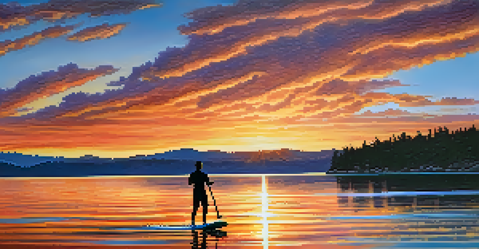 A stunning sunset over Big Bear Lake with vibrant colors and a paddleboarder silhouetted on the water.