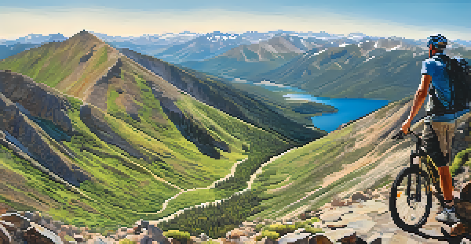 A mountain biker at the summit of Grays Peak Trail, overlooking a panoramic view of rugged mountains and Big Bear Lake under a clear blue sky.
