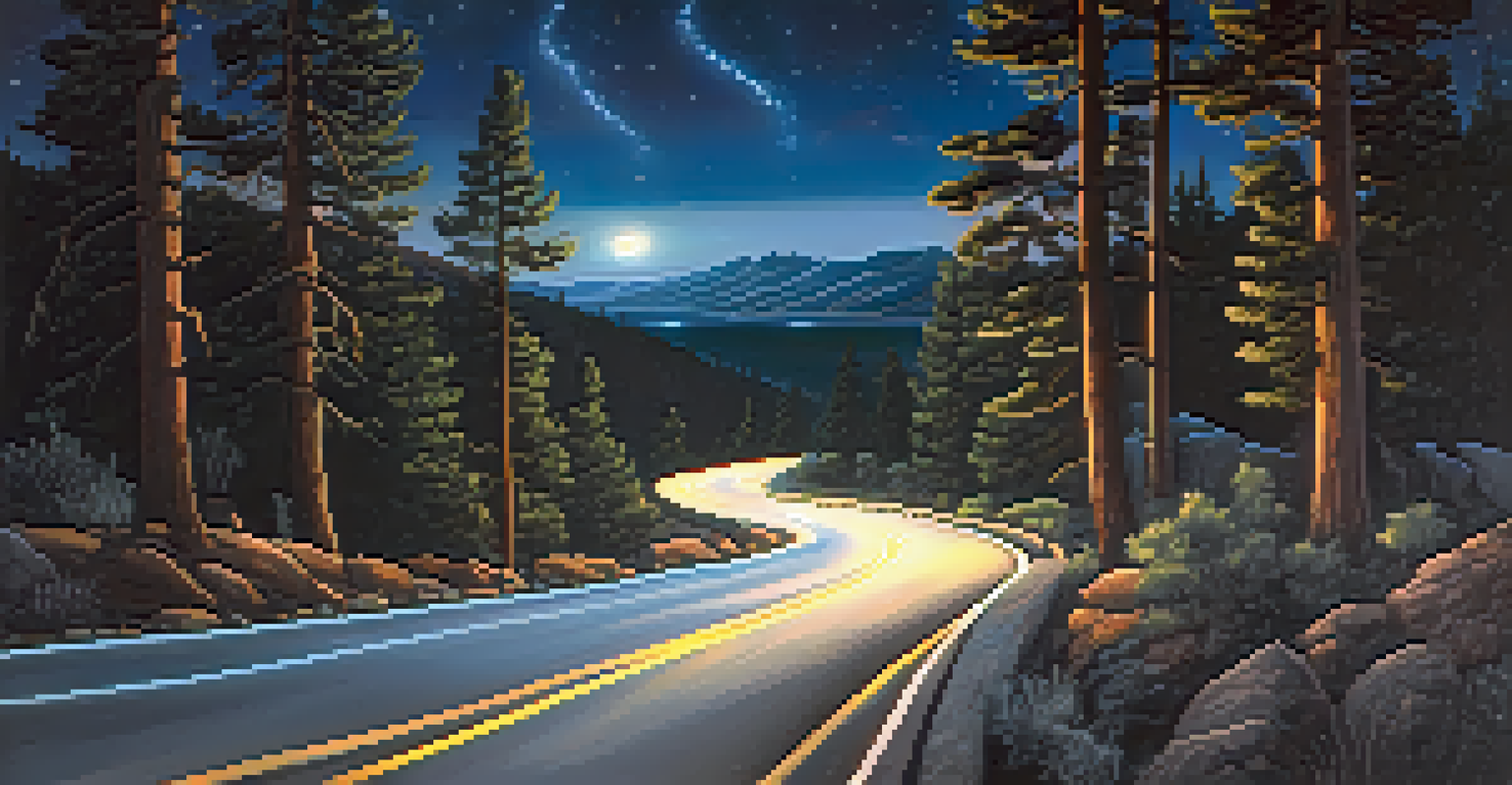 A serene nighttime scenic drive in Big Bear, with winding roads, mountains, and a starry sky creating a peaceful atmosphere.