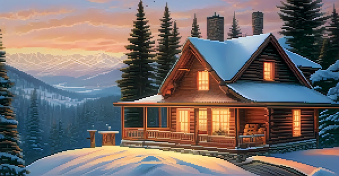 A warm and inviting winter cabin in a snowy landscape, with friends enjoying hot cocoa on the porch.