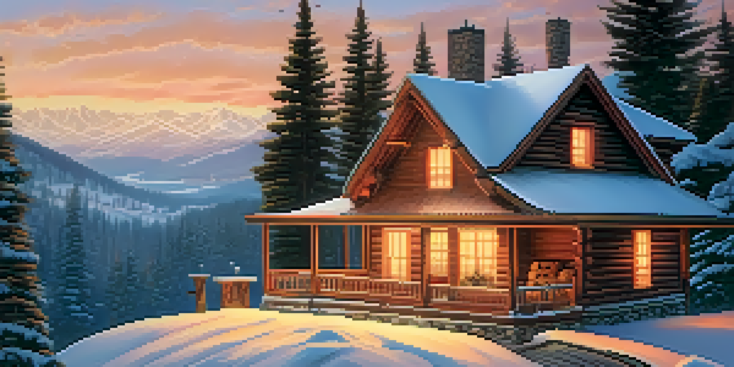 A warm and inviting winter cabin in a snowy landscape, with friends enjoying hot cocoa on the porch.