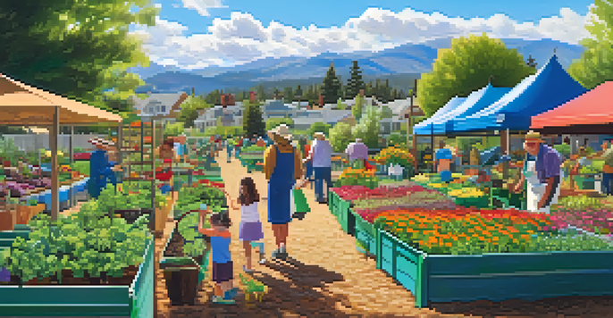 A lively community garden with residents gardening, colorful vegetables and flowers, under a sunny sky.