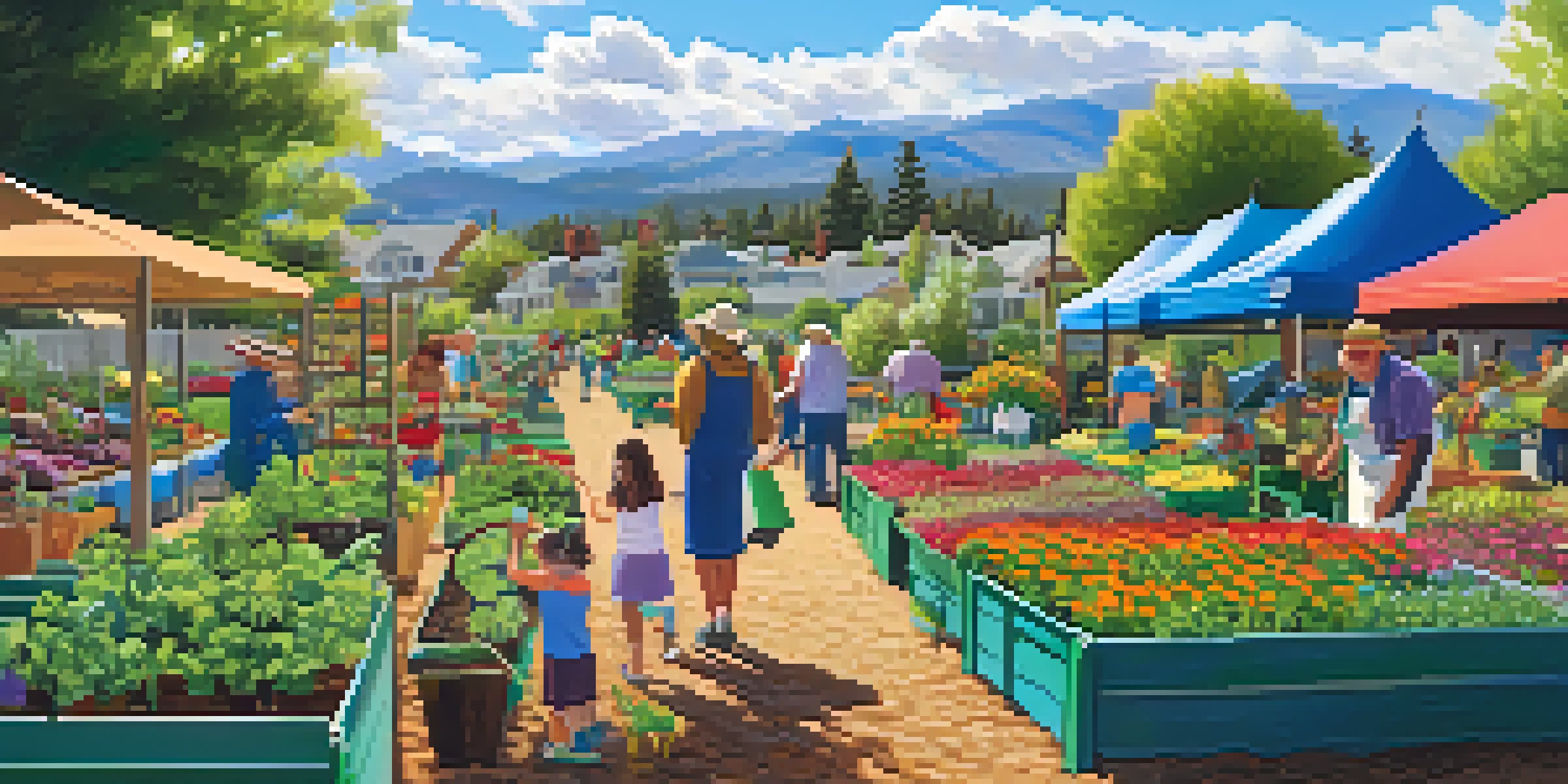 A lively community garden with residents gardening, colorful vegetables and flowers, under a sunny sky.