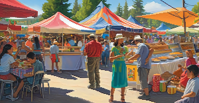 A colorful festival scene with diverse food stalls and families enjoying multicultural cuisines.