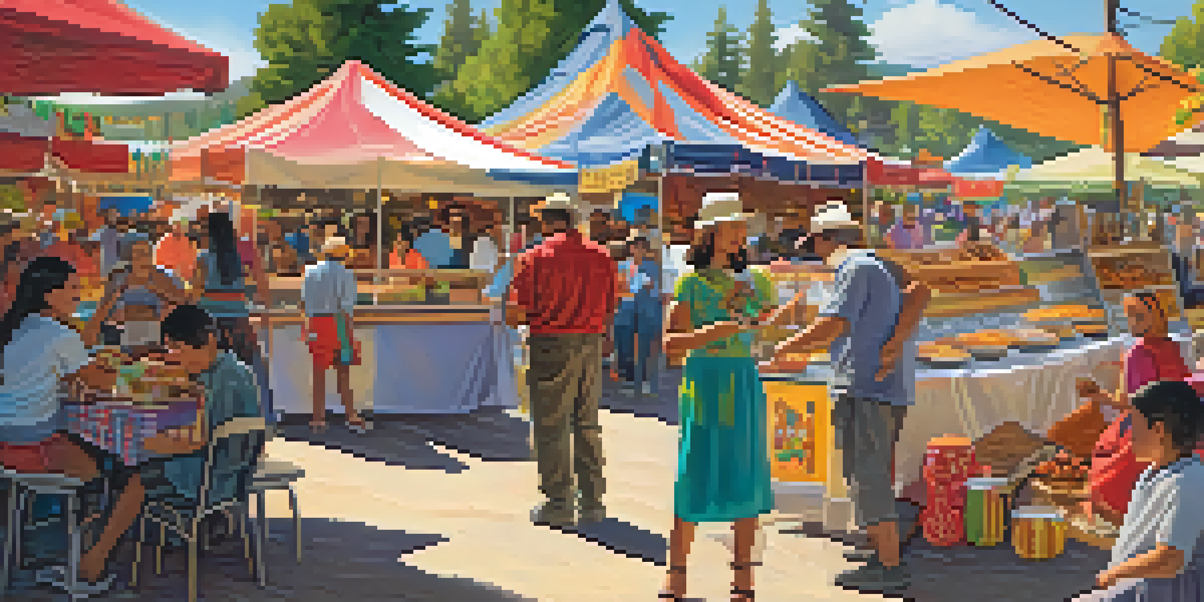 A colorful festival scene with diverse food stalls and families enjoying multicultural cuisines.