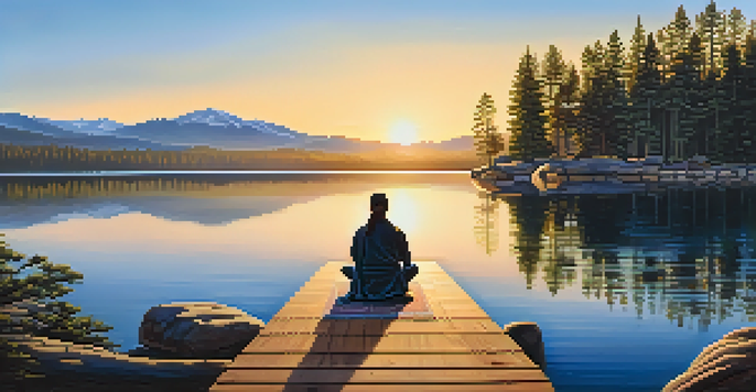 A peaceful meditation retreat in Big Bear with a wooden platform surrounded by pine trees and a lake reflecting the sunset.
