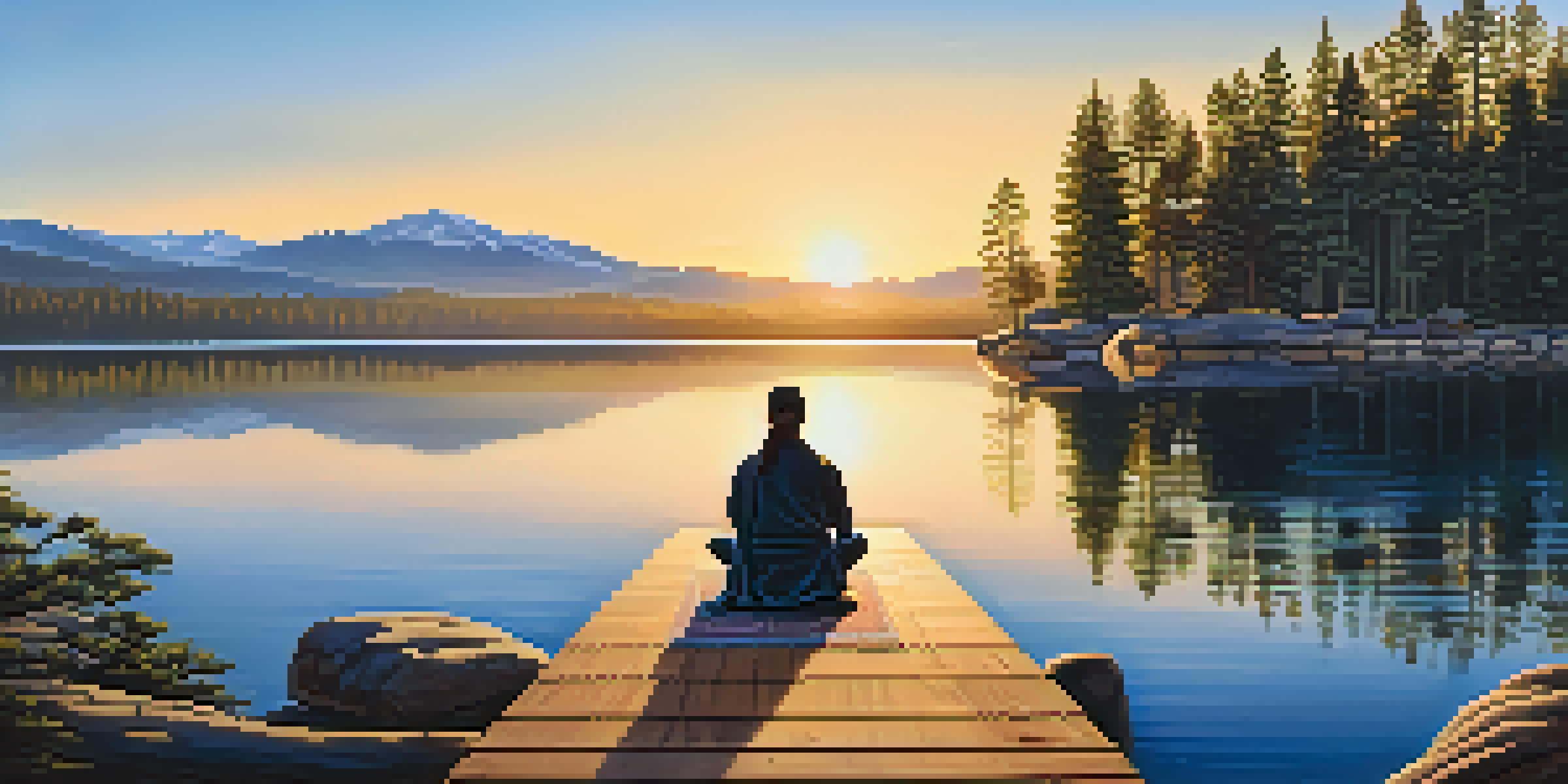 A peaceful meditation retreat in Big Bear with a wooden platform surrounded by pine trees and a lake reflecting the sunset.