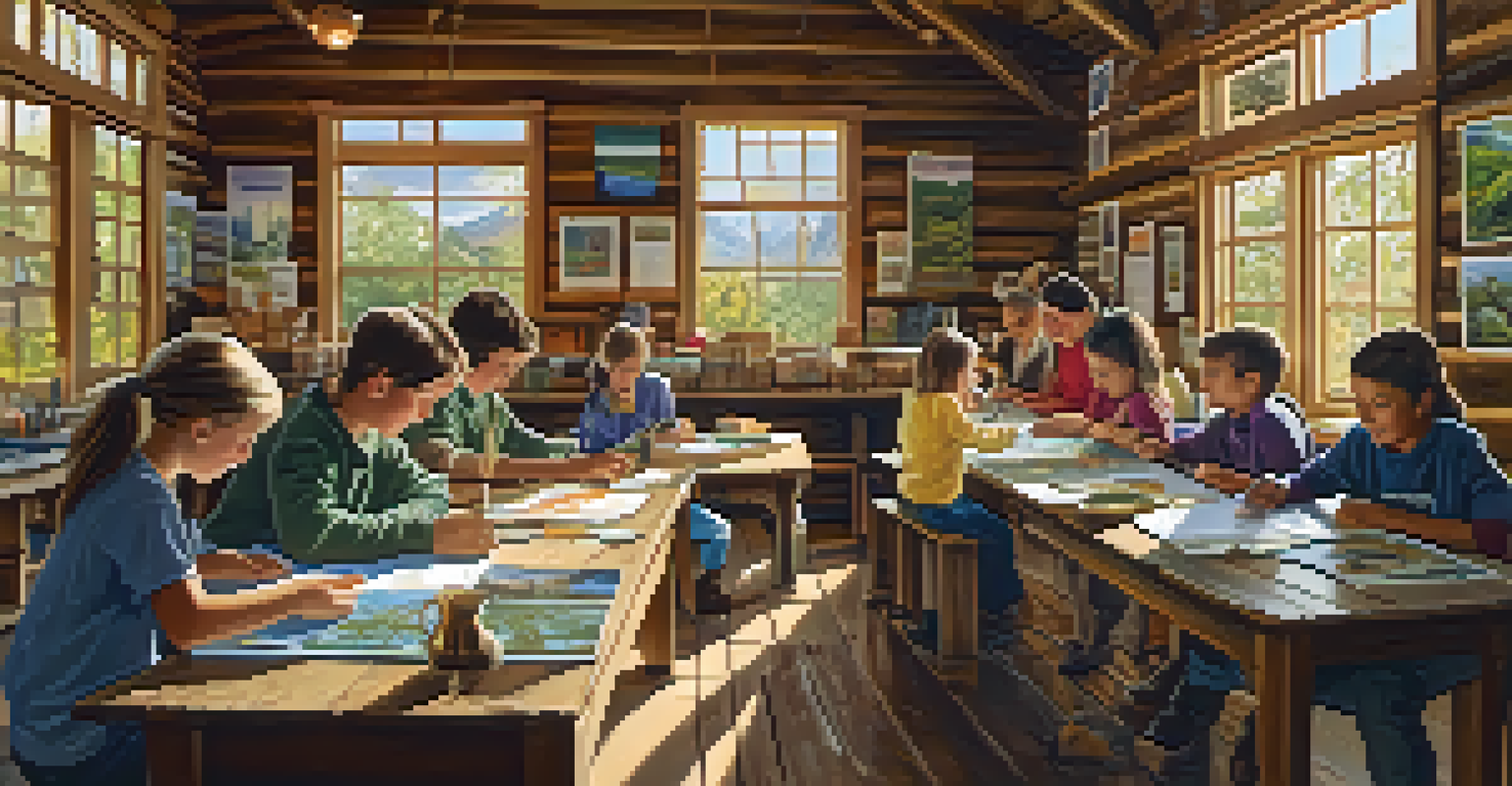 Inside a rustic cabin, community members gather for an educational workshop about local wildlife and conservation, with sunlight streaming through windows.