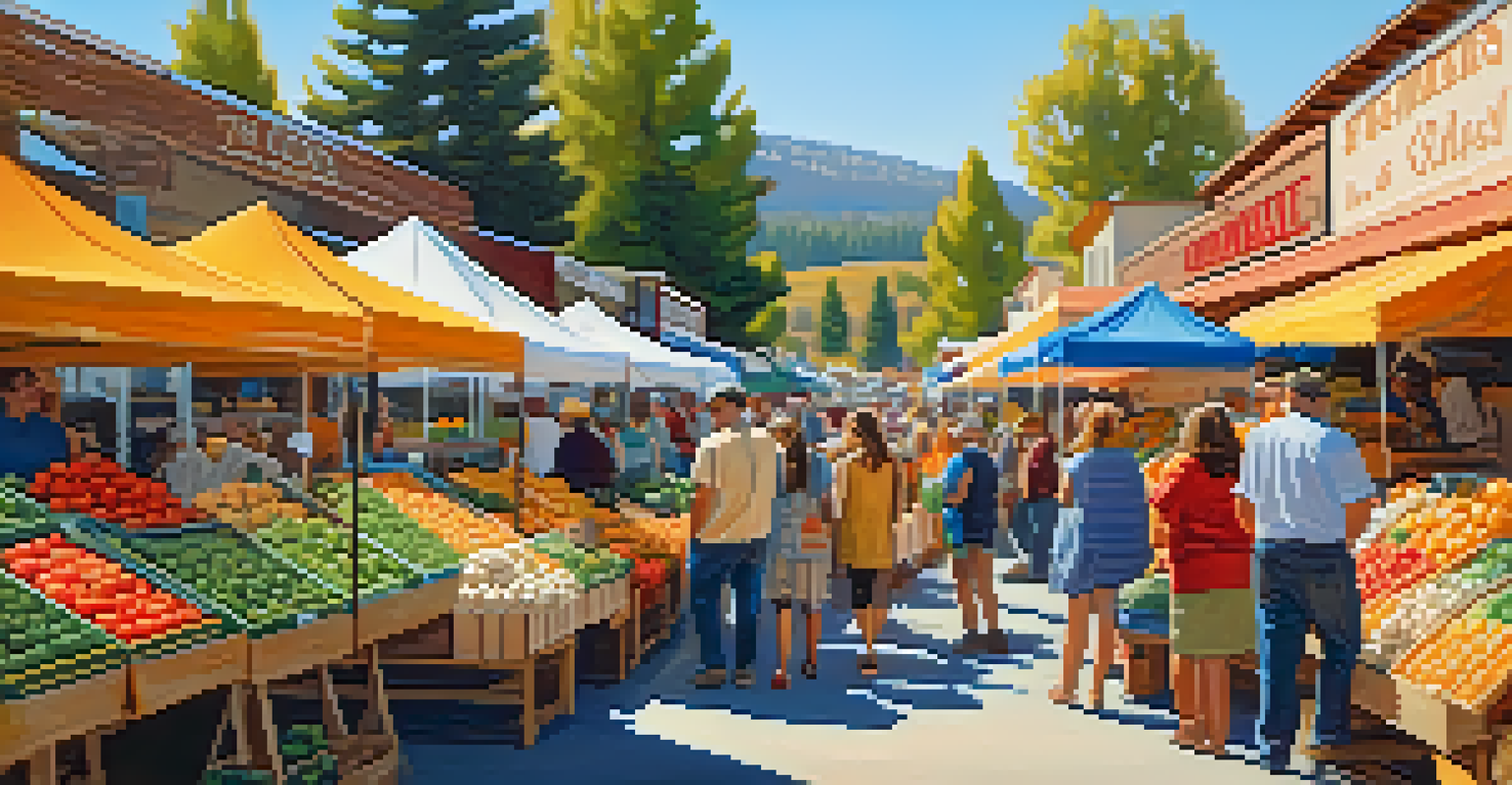 A bustling farmers market in Big Bear with colorful stalls of fruits and vegetables, and people interacting with local producers.