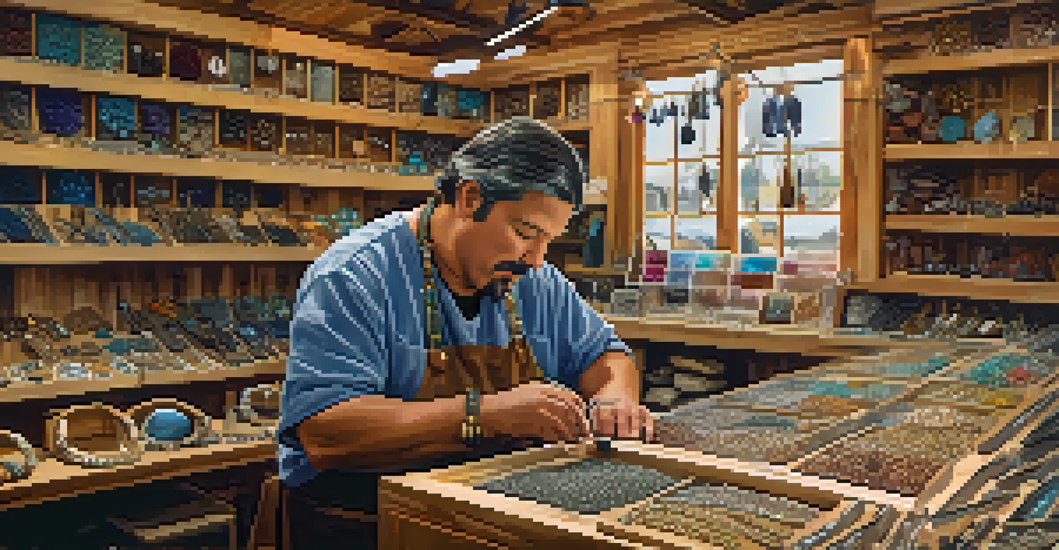 An artisan crafting unique handmade jewelry at a booth, surrounded by colorful stones and metal pieces in a well-lit workspace.